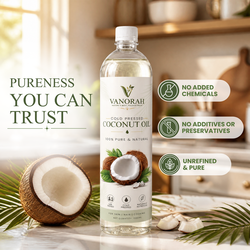A bottle of Vanorah Cold Pressed Coconut Oil stands on a countertop with a halved coconut, green leaves, and marketing text on a warm kitchen background. The label reads 'Pureness You Can Trust' and includes claims like 'No Added Chemicals' and 'No Additives or Preservatives.